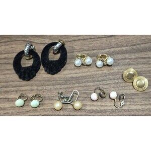 6 Pair Clip On Earrings Pearl Dainty Gold Tone Black More
